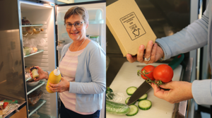 annika står vid ett kylskåp med matvaror i händerna