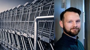 two images, a row of shopping carts and a portrait of a man. Photo.